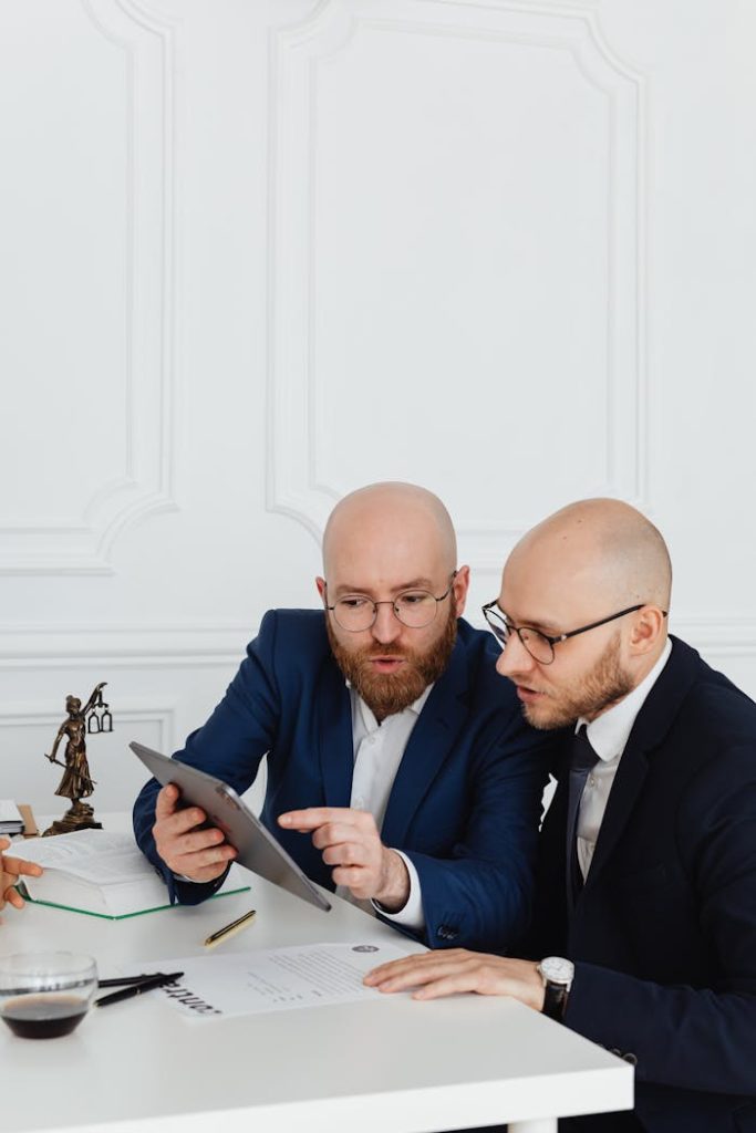 men-looking-at-the-digital-tablet-7875943 Two professionals discussing with a digital tablet during a business meeting in an office setting.